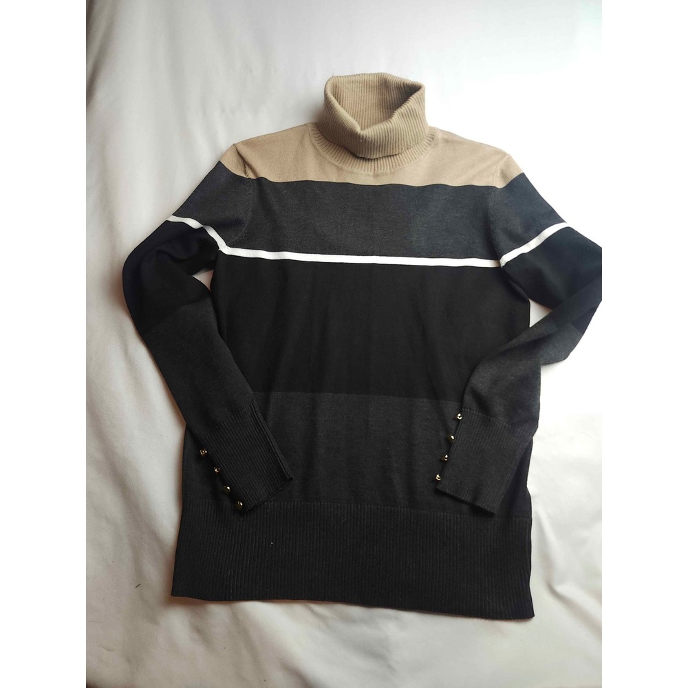 Cupio Womens Colorblock Turtleneck Sweater Gold Button Cuff Tan Black Small
